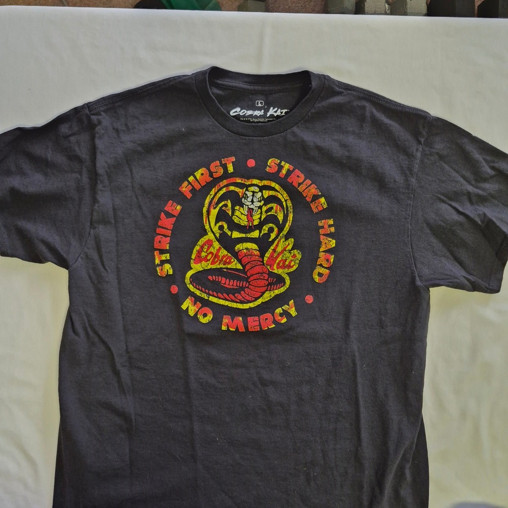 Kids Cobra Kai Karate T Shirt Large Black "Strike First Strike Hard" Graphic Tee